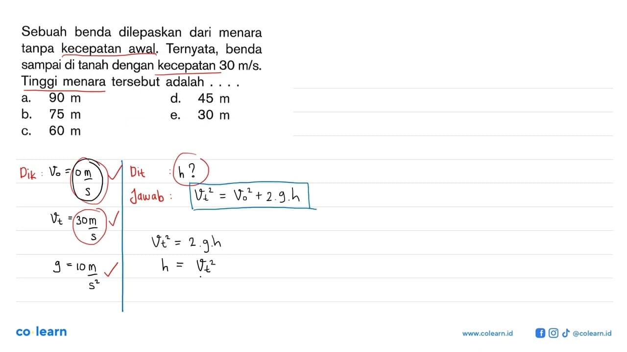 Sebuah benda dilepaskan dari menara tanpa kecepatan awal.