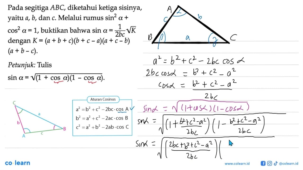 Pada segitiga ABC, diketahui ketiga sisinya, yaitu a, b,