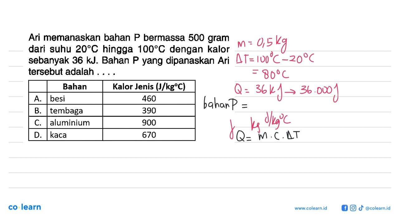 Ari memanaskan bahan P bermassa 500 gram dari suhu 20 C