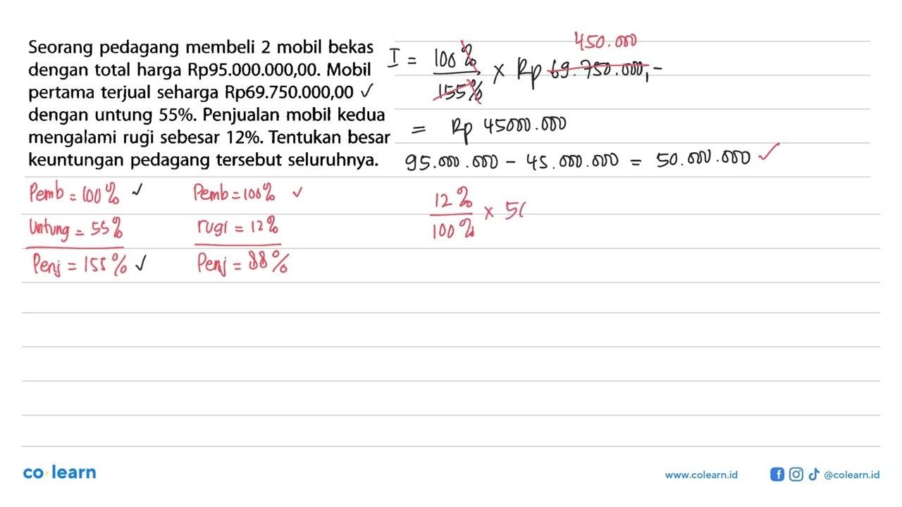 Seorang pedagang membeli 2 mobil bekas dengan total harga