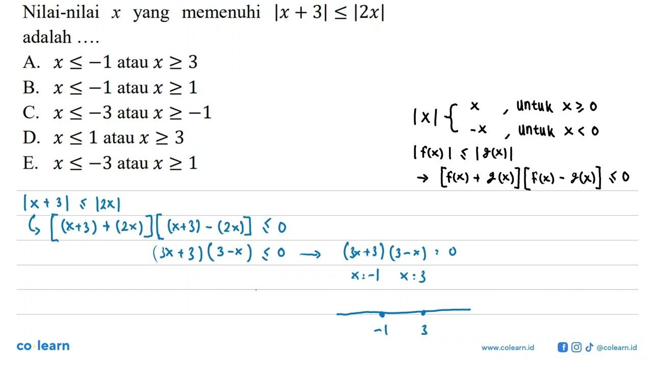 Nilai-nilai yang memenuhi Ix + 3<=|2x| adalah ....