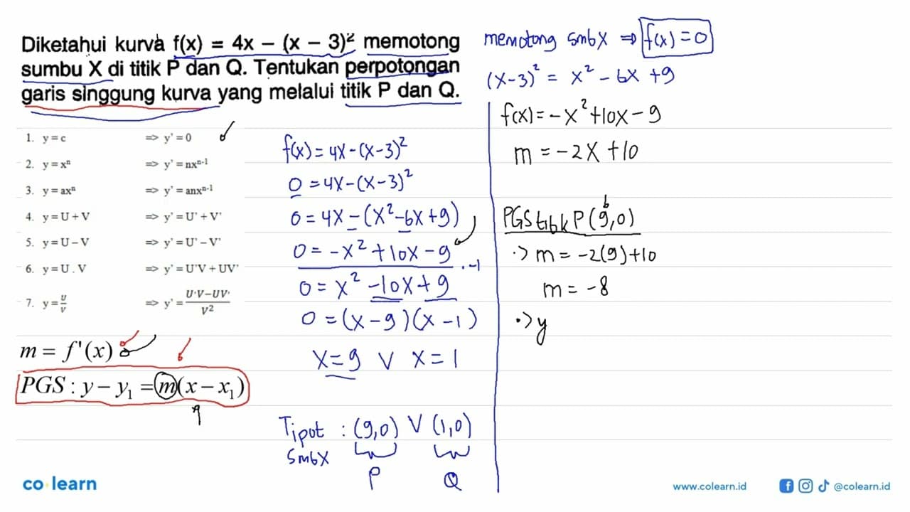 Diketahui kurva f(x) = 4x-(x-3)^2 memotong sumbu X di titik