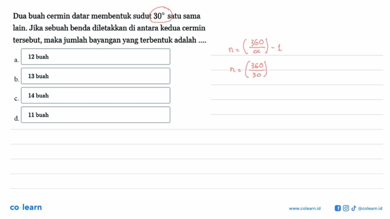 Dua buah cermin datar membentuk sudut 30 satu sama lain.