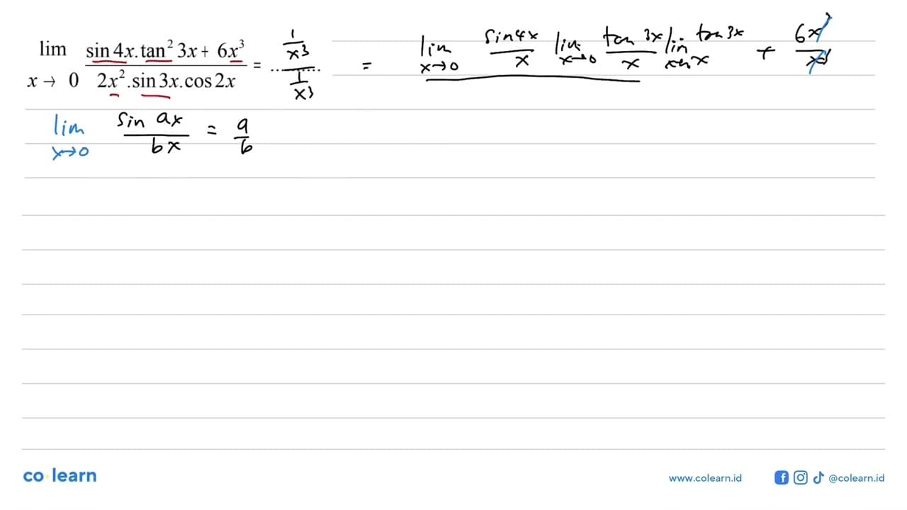 lim x->0 (sin 4x.tan^2 3x+6x^3)/(2x62.sin 3x.cos 2x)=...