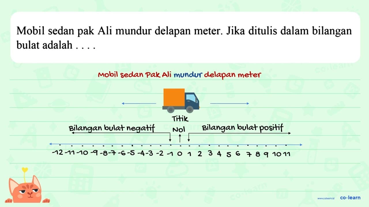 Mobil sedan pak Ali mundur delapan meter. Jika ditulis