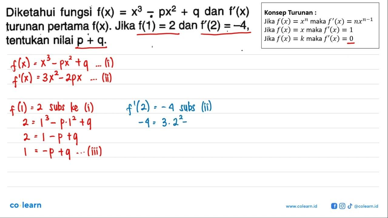 Diketahui fungsi f(x)=x^3-px^2+q dan f'(x) turunan pertama