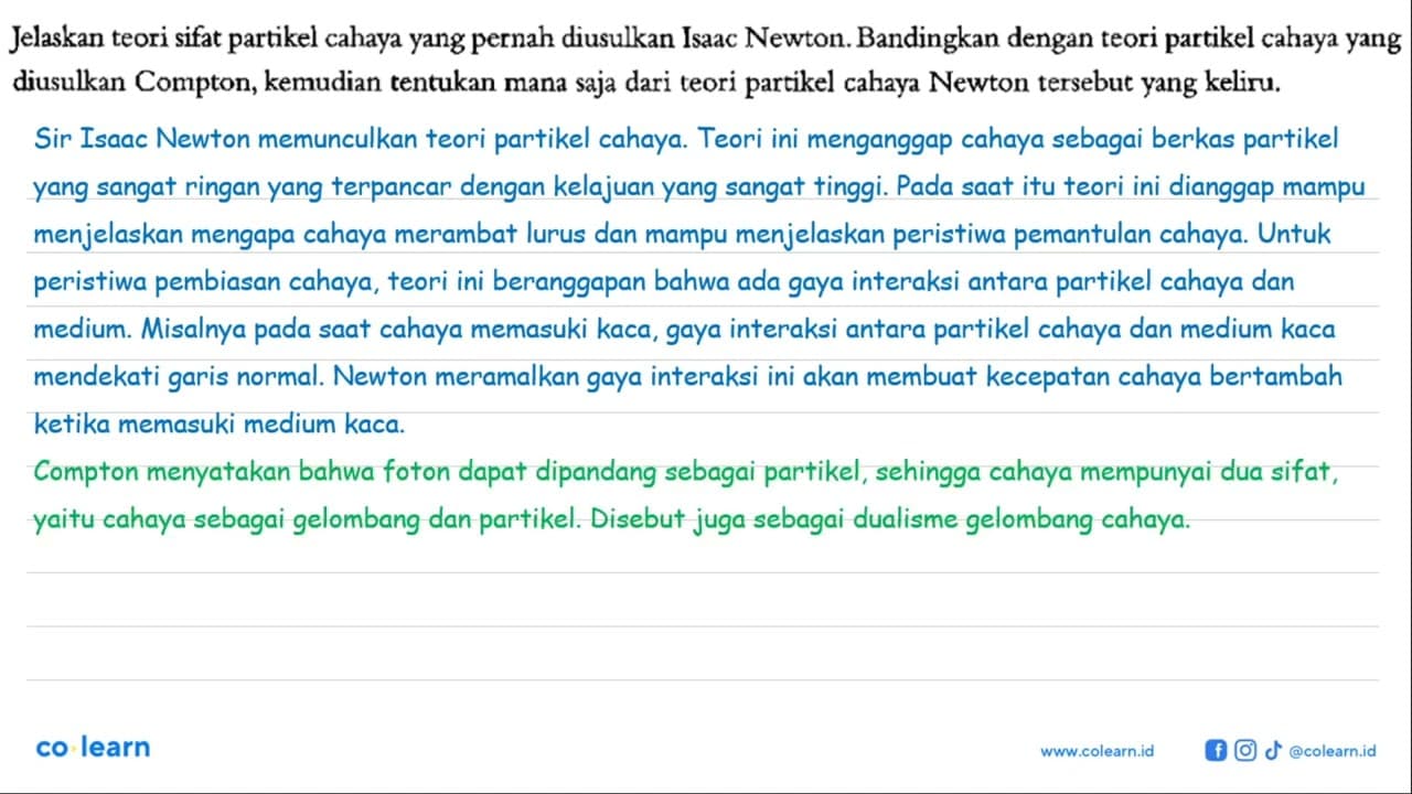 Jelaskan teori sifat partikel cahaya yang pernah diusulkan