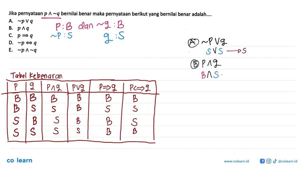 Jika pernyataan p ^ ~q bernilai benar maka pernyataan