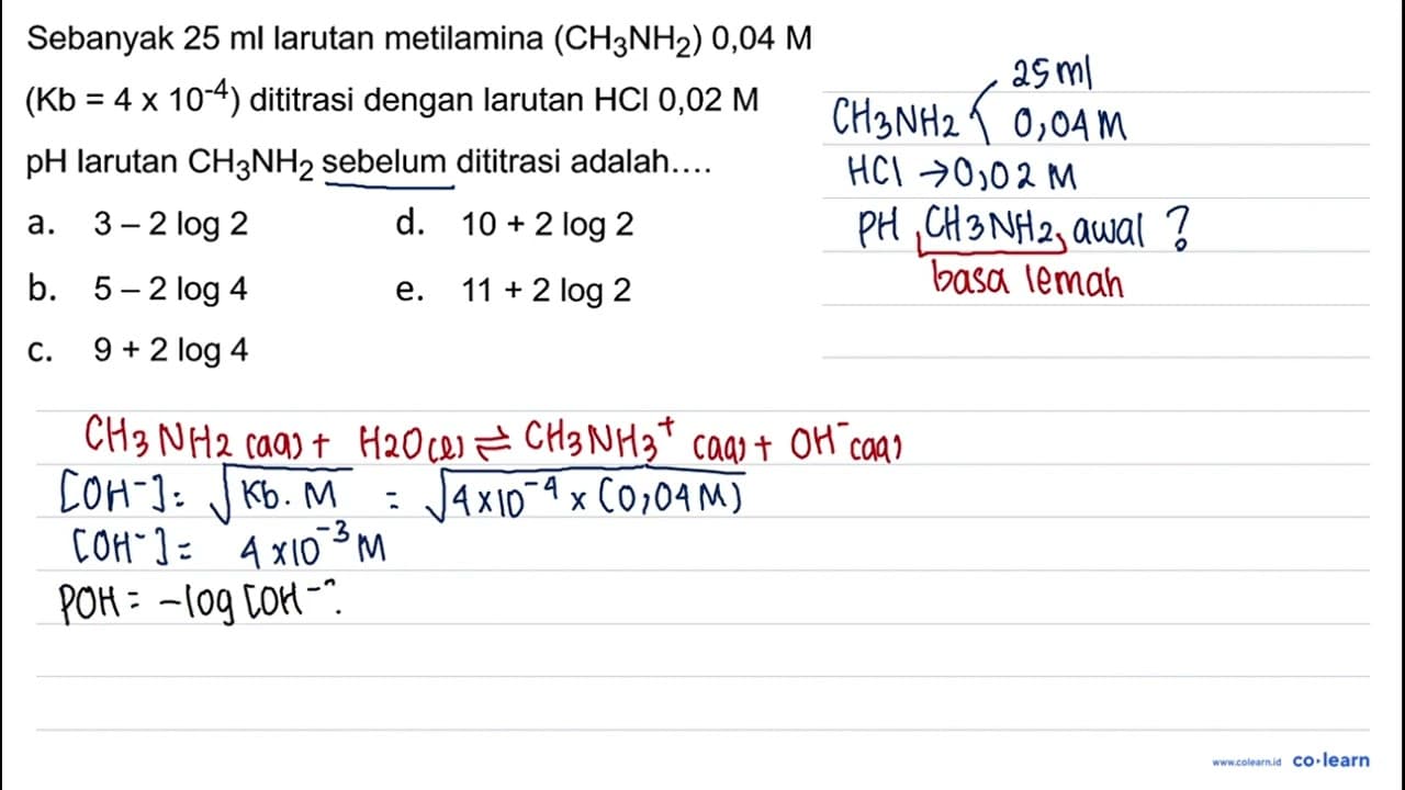 Sebanyak 25 ml larutan metilamina (CH_(3) NH_(2)) 0,04 M