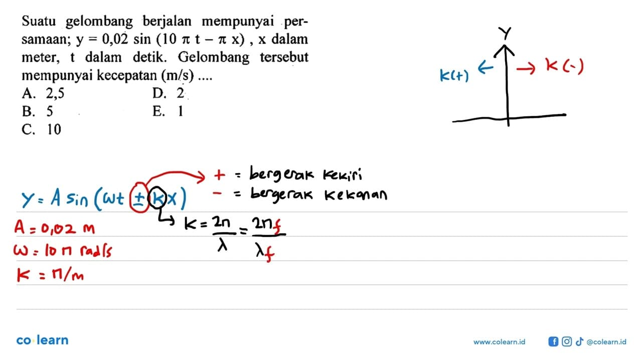 Suatu gelombang berjalan mempunyai persamaan; y=0,02 sin