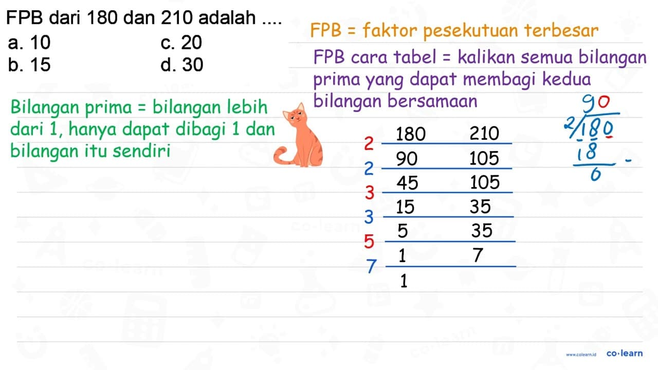 FPB dari 180 dan 210 adalah .... a. 10 C. 20 b. 15 d. 30