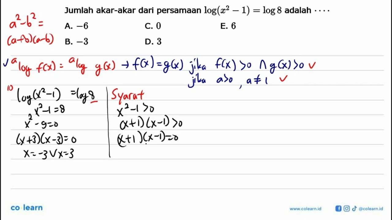 Jumlah akar-akar dari persamaan log(x^2-1) = log 8 adalah