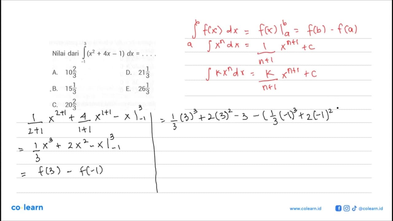 Nilai dari integral-1 3 x^2+4x-1 dx=....