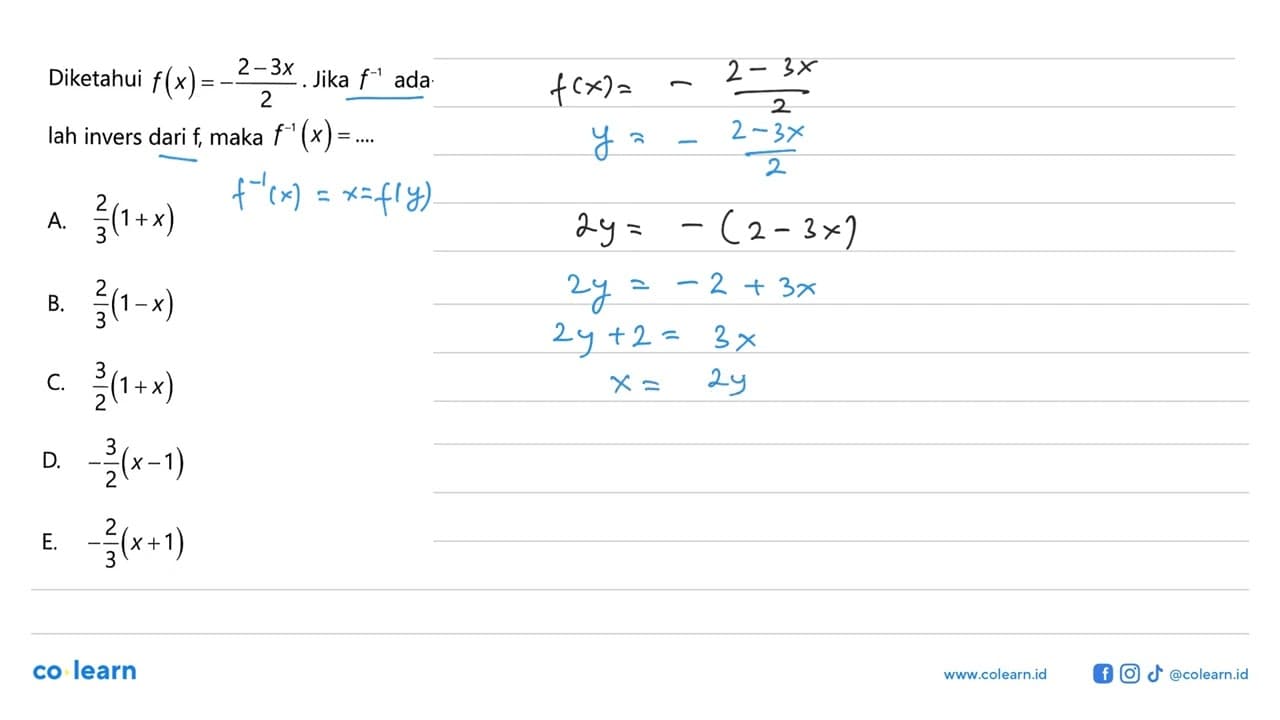 Diketahui f(x)=(-2-3x)/2. Jika f^(-1) ada lah invers dari