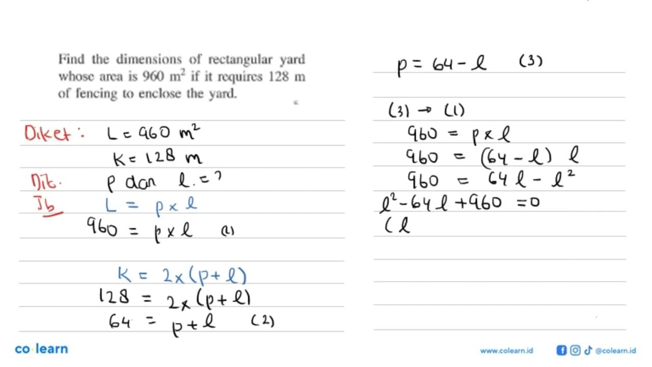 Find the dimensions of rectangular yard whose area is 960