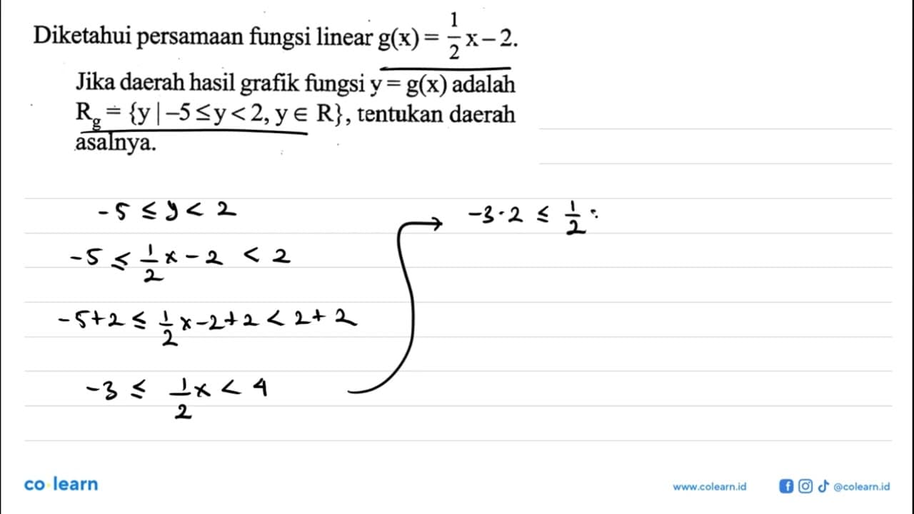 Diketahui persamaan fungsi linear g(x)=1/2x-2. Jika daerah