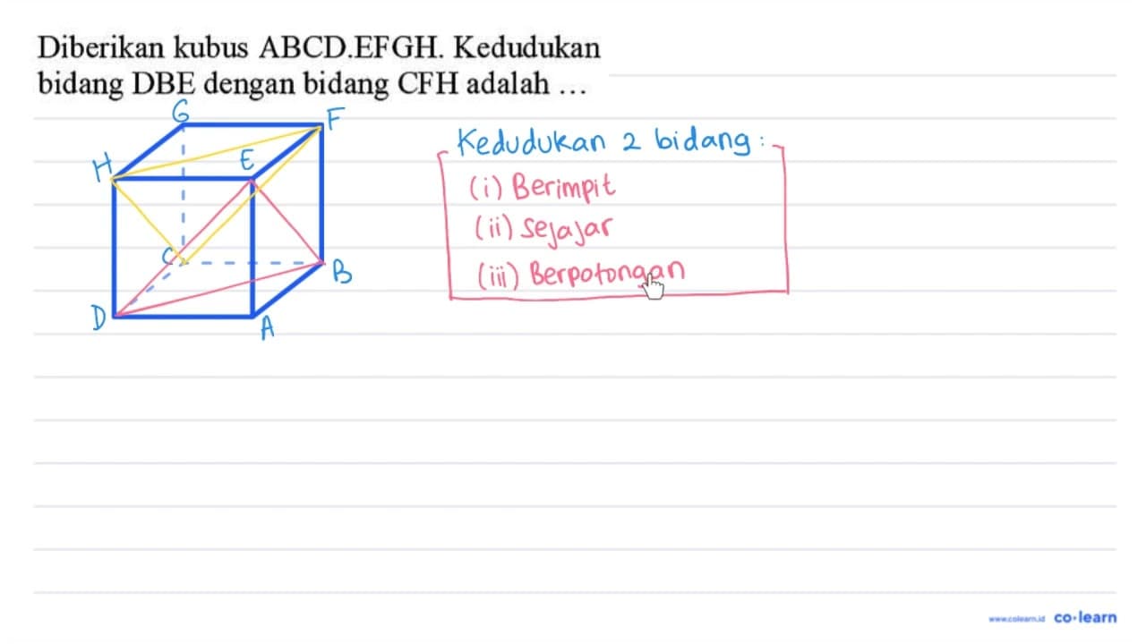 Diberikan kubus ABCD.EFGH. Kedudukan bidang DBE dengan