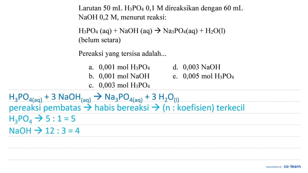 Larutan 50 ~mL H_(3) PO_(4) 0,1 M direaksikan dengan 60 ~mL