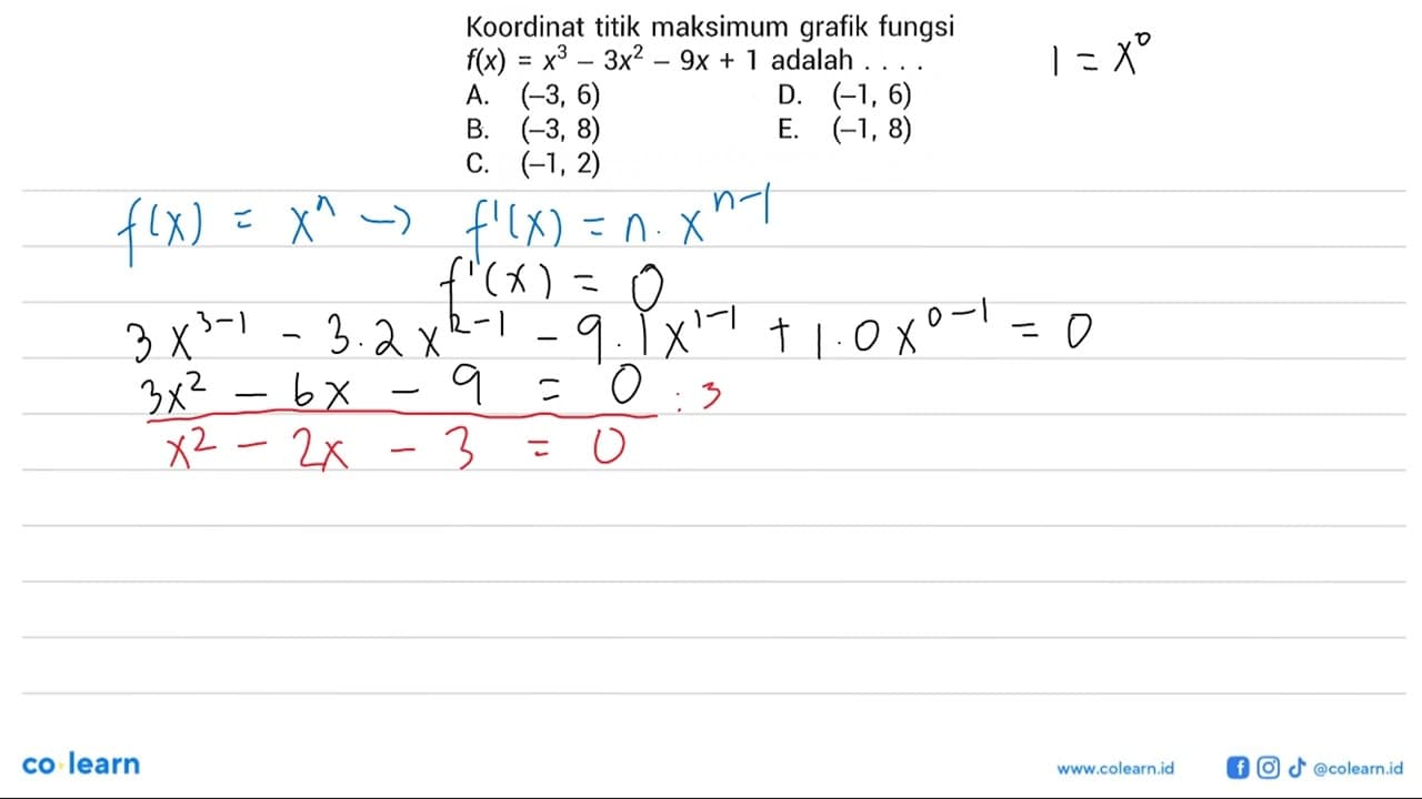 Koordinat titik maksimum grafik fungsi f(x)=x^3-3x^2-9x+1