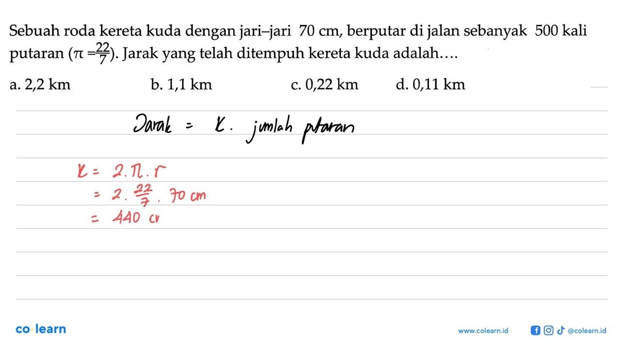 Sebuah roda kereta kuda dengan jari-jari 70 cm , berputar