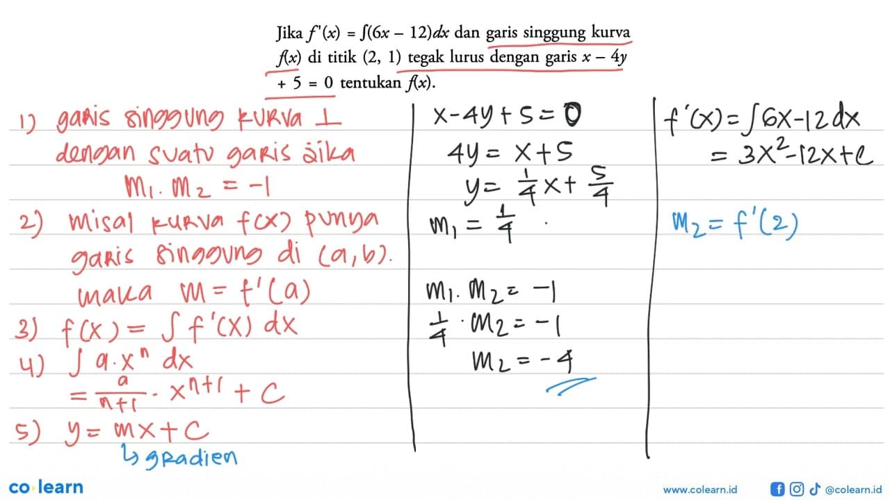 Jika f'(x)=integral (6x-12) dx dan garis singgung kurva