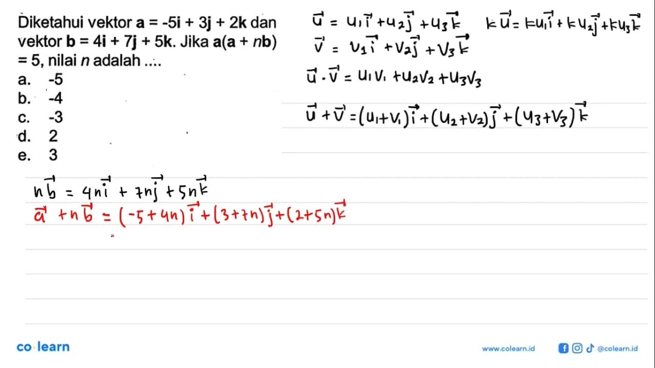 Diketahui vektor a=-5i+3j+2k dan vektor b=4i+7j+5k. Jika