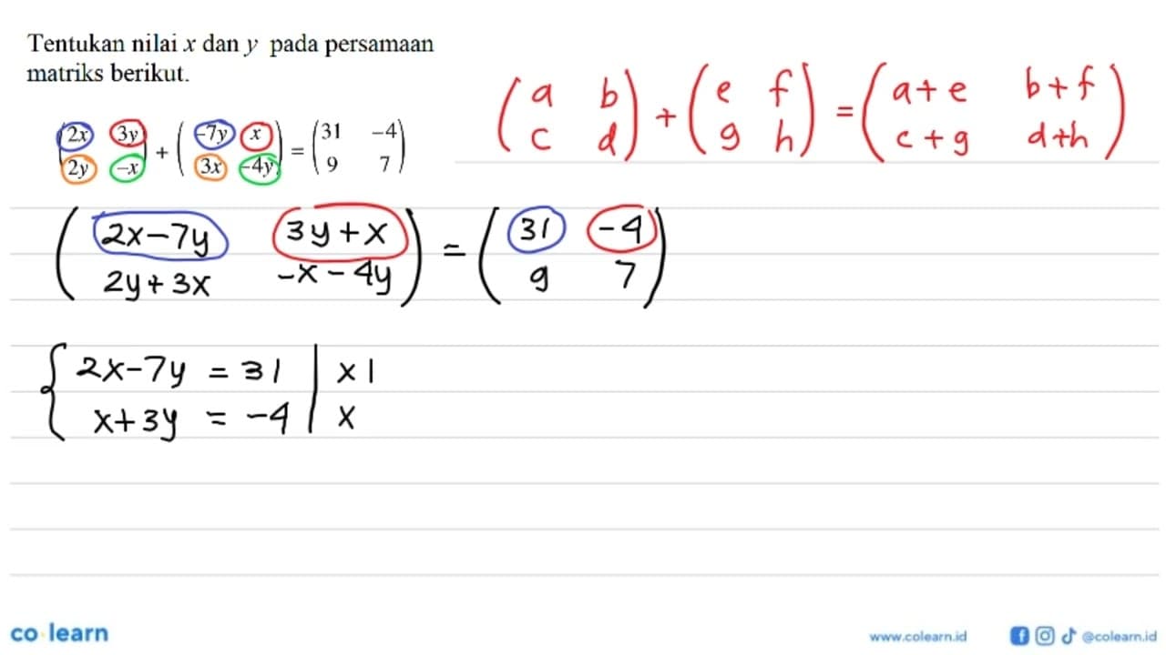 Tentukan nilai x dan y pada persamaan matriks berikut. (2x