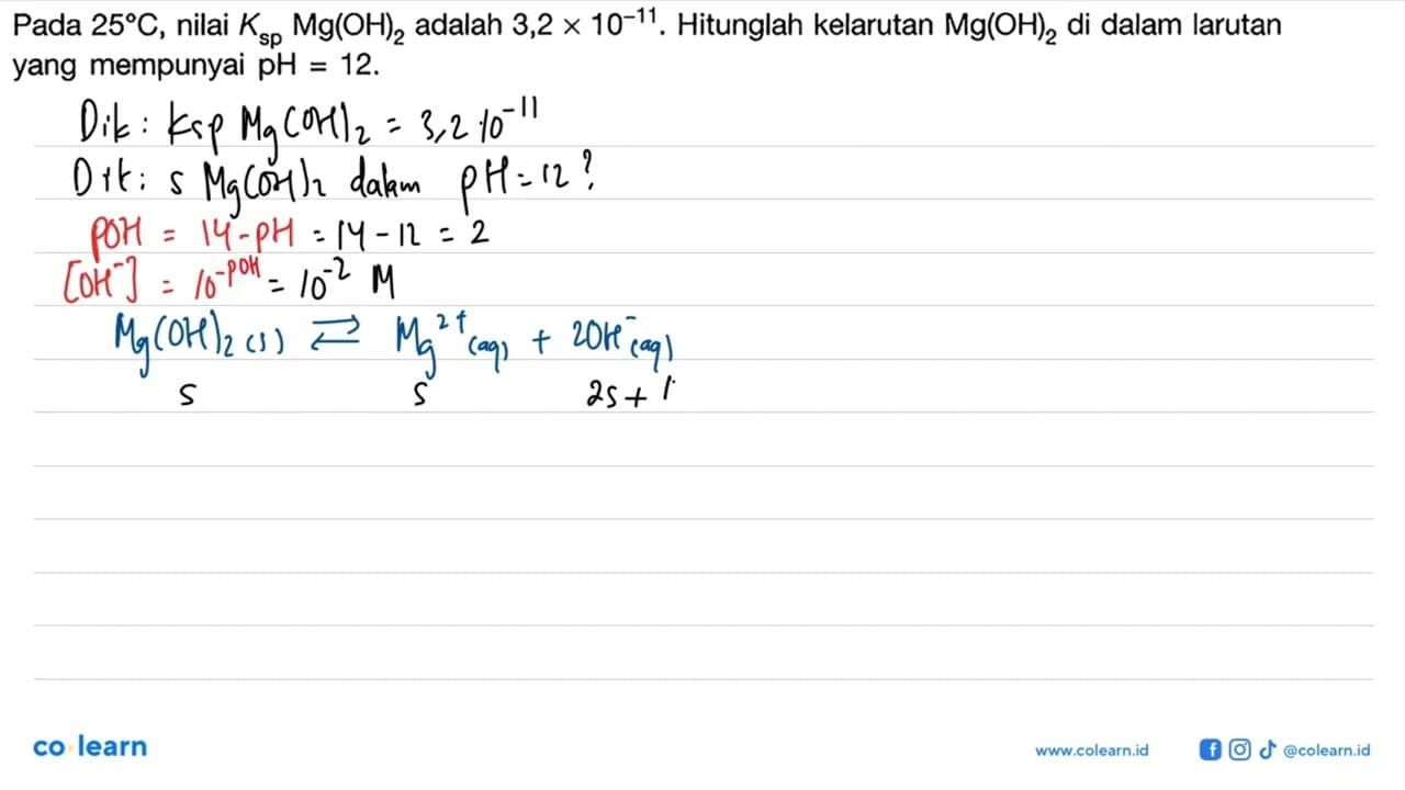 Pada 25 C, nilai Ksp Mg(OH)2 adalah 3,2 x 10^(-11).