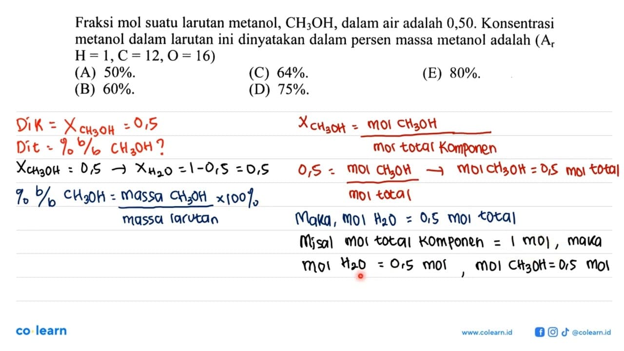 Fraksi mol suatu larutan metanol, CH3OH, dalam air adalah