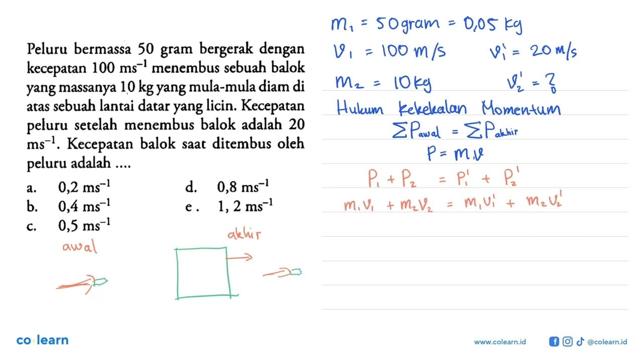 Peluru bermassa 50 gram bergerak dengan kecepatan 100 ms^-1