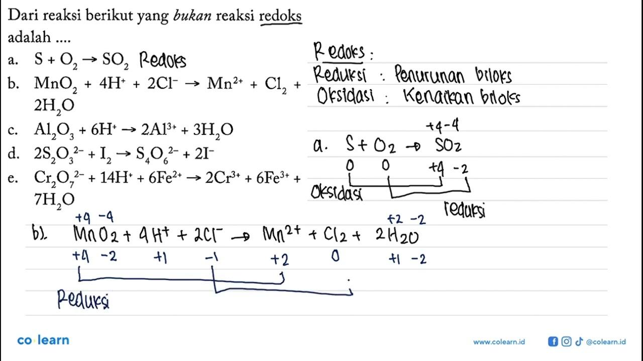 Dari reaksi berikut yang bukan reaksi redoks adalah .... a.