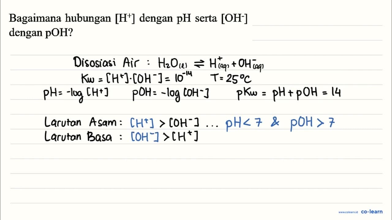 Bagaimana hubungan [H^(+)] dengan pH serta [OH^(-)] dengan