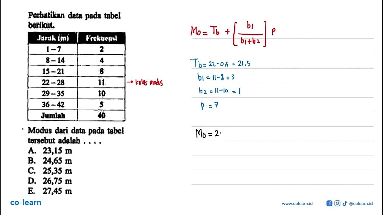 Perhatikan data pada tabel berikut. Jarak (m) Frekuensi 1-7