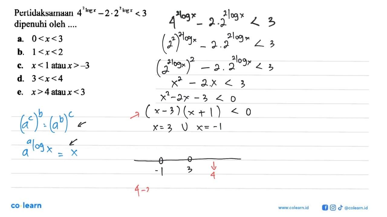 Pertidaksamaan 4^(2logx) -2 . 2^(2logx) < 3 dipenuhi oleh