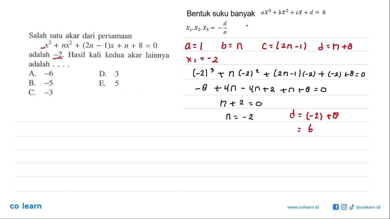 Salah satu akar dari persamaan x^3+nx^2+(2n-1)x+n+8=0