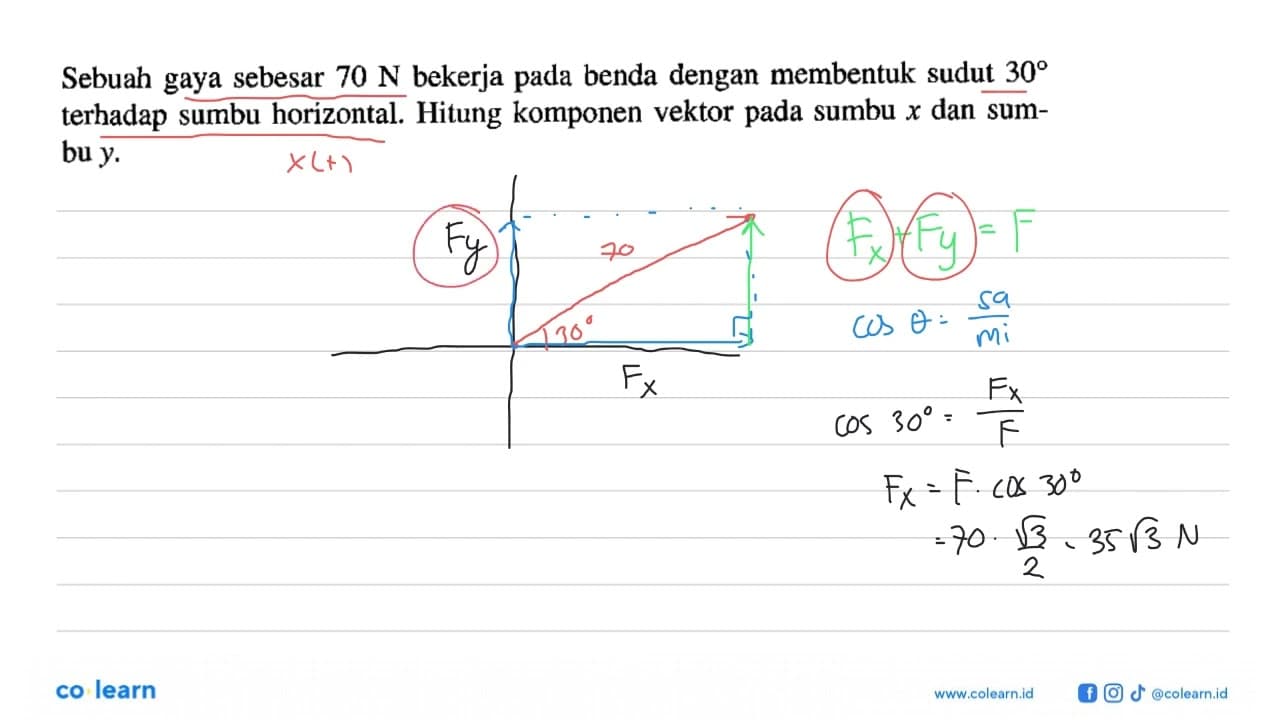 Sebuah gaya sebesar 70 N bekerja pada benda dengan