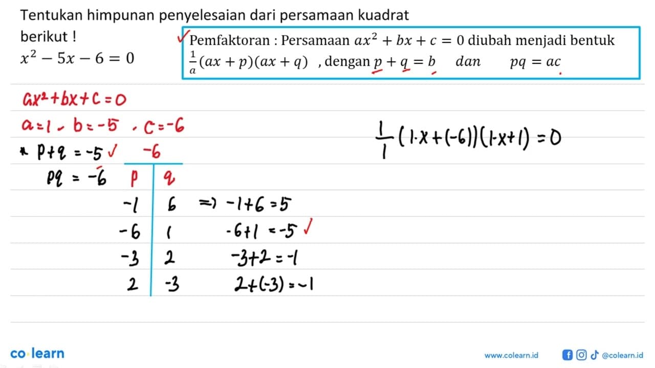 Tentunkan himpunan penyelesaian dari persamaan kuadrat