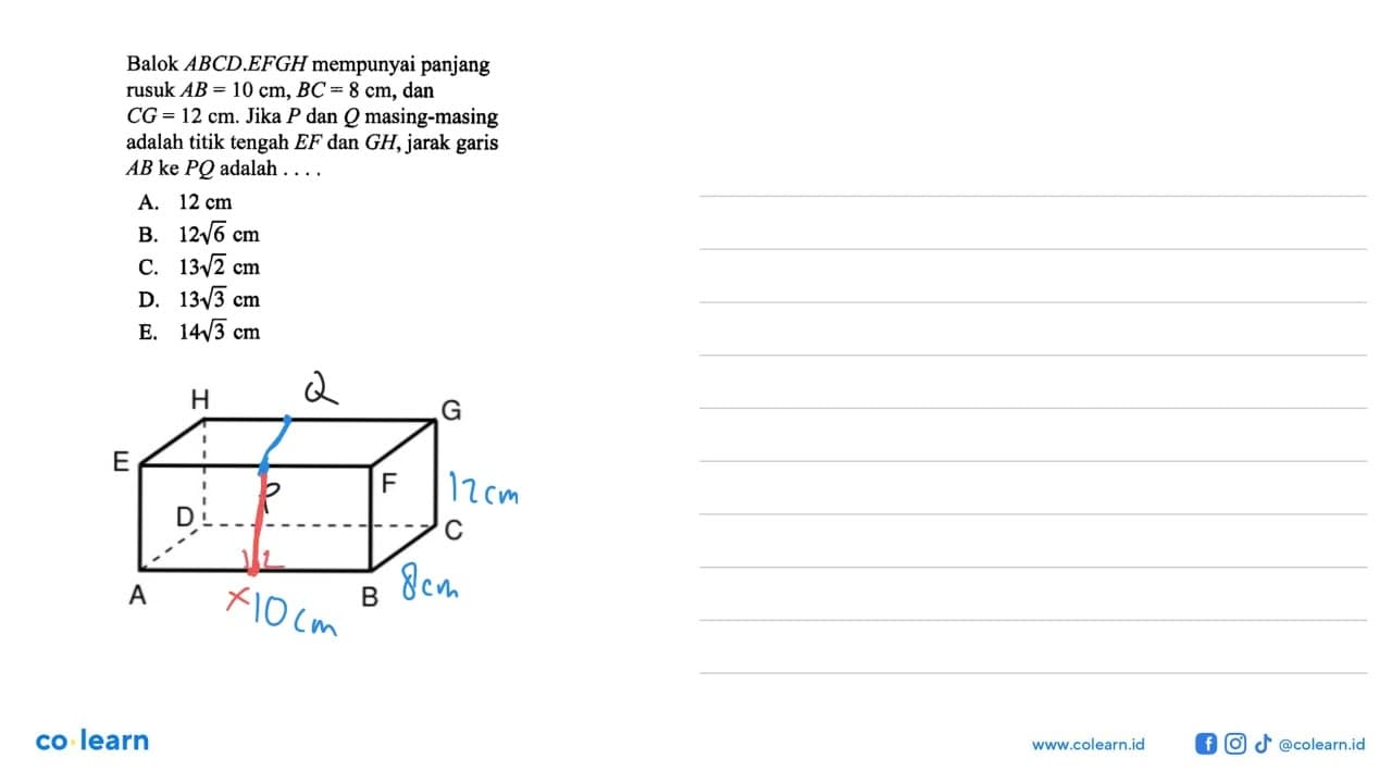 Balok ABCD.EFGH mempunyai panjang rusuk AB = 10 cm, BC = 8
