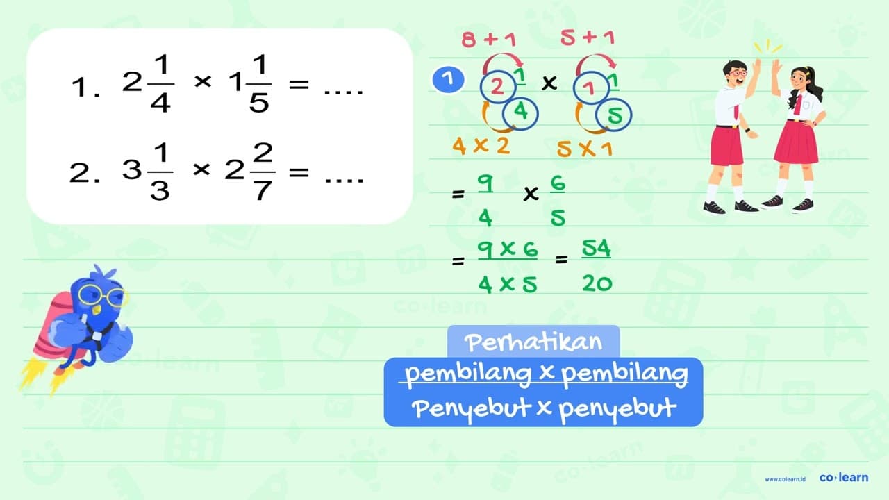 1. 2 1/4 x 1 1/5 = ... 2. 3 1/3 x 2 2/7 = ....