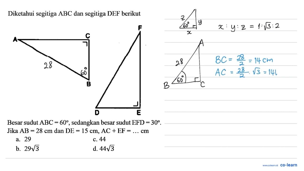 Diketahui segitiga ABC dan segitiga DEF berikut Besar sudut