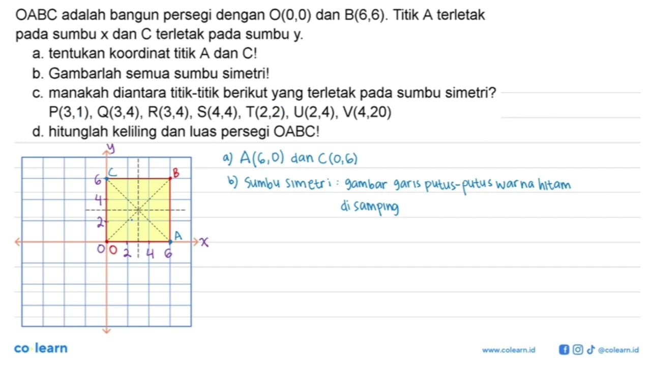 OABC adalah bangun persegi dengan O(0,0) dan B(6,6). Titik