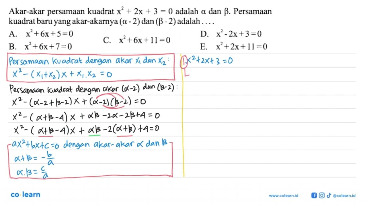 Akar-akar persamaan kuadrat x^2 + 2x + 3 = 0 adalah alpha