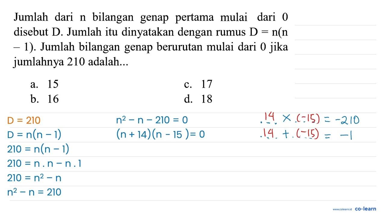 Jumlah dari n bilangan genap pertama mulai dari 0 disebut D