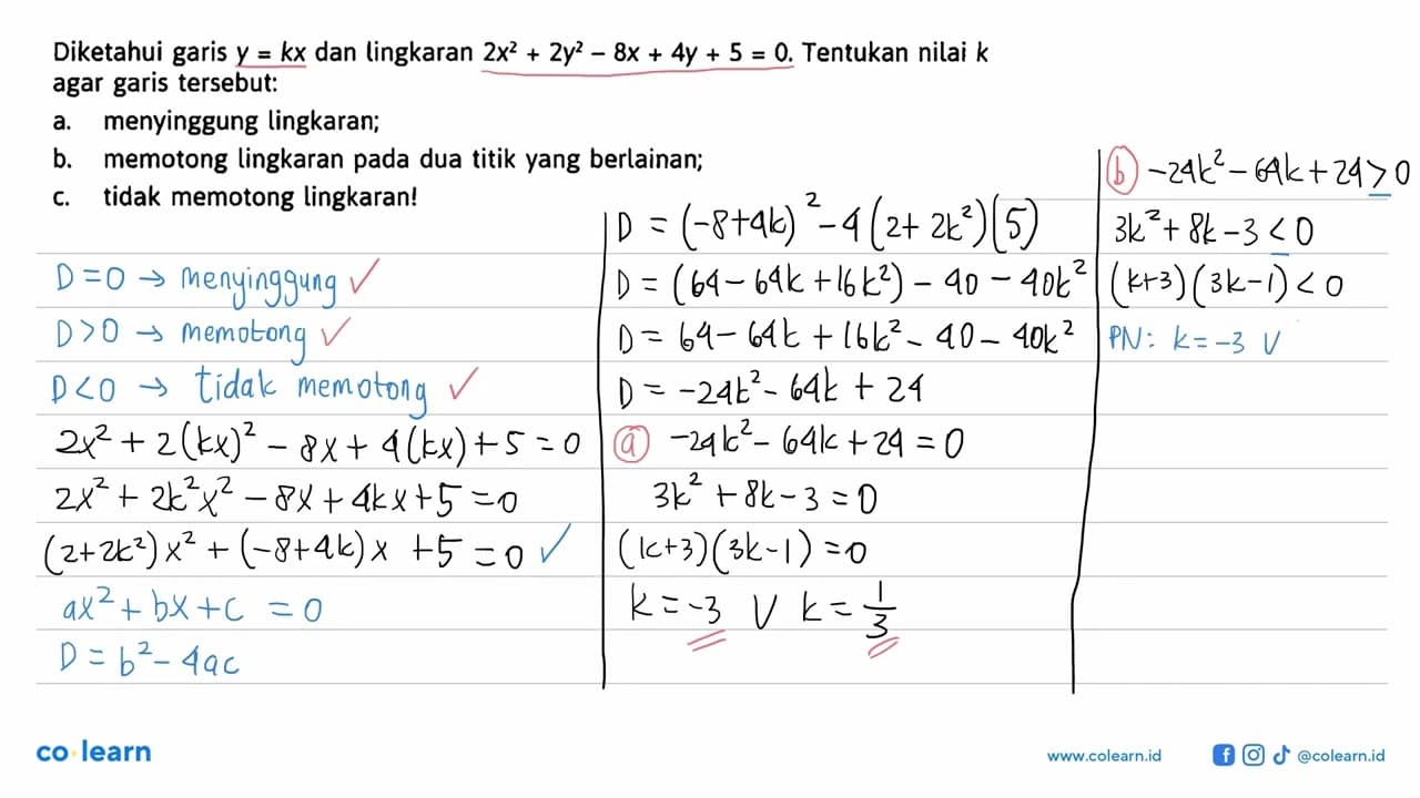 Diketahui garis y=k x dan lingkaran 2x^2 + 2y^2 - 8x + 4y +