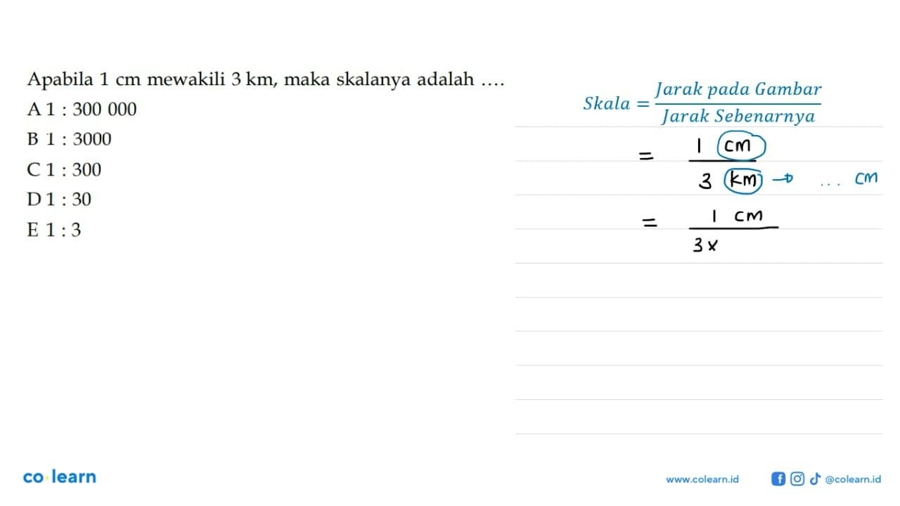 Apabila 1 cm mewakili 3 km, maka skalanya adalah ....