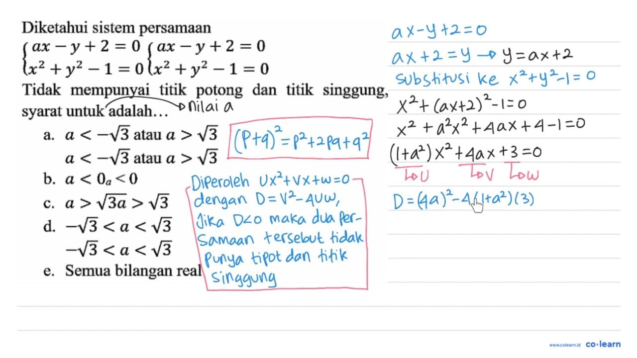 Diketahui sistem persamaan { a x - y + 2 = 0 ) { x ^ { 2 )