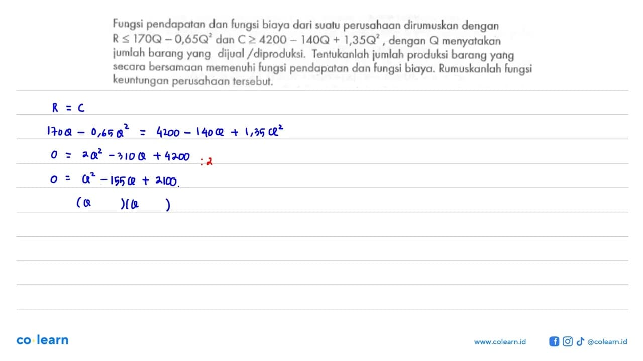 Fungsi pendapatan dan fungsi biaya dari suatu perusahaan