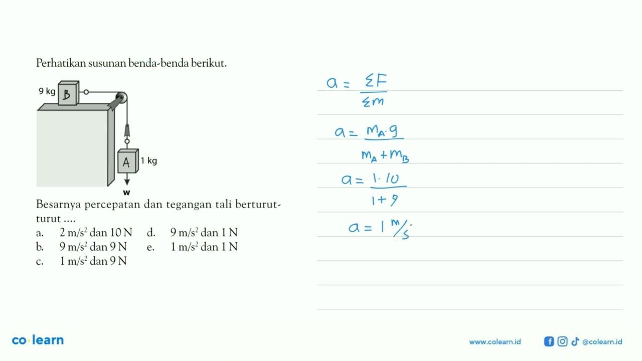 Perhatikan susunan benda-benda berikut. 9 kg 1 kg w