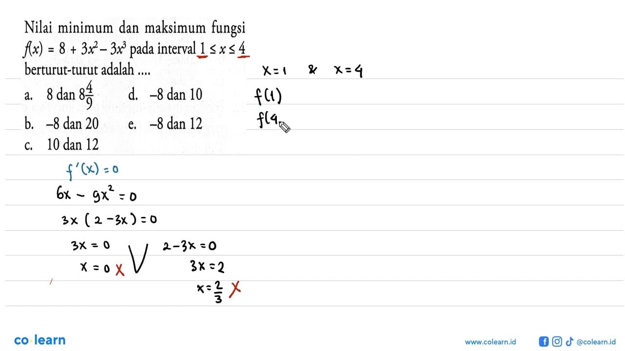 Nilai minimum dan maksimum fungsi f(x)=8+3x^2-3x^3 pada