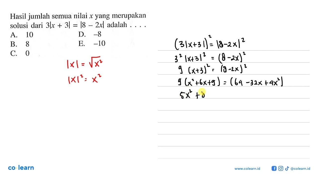 Hasil jumlah semua nilai x yang merupakan solusi dari